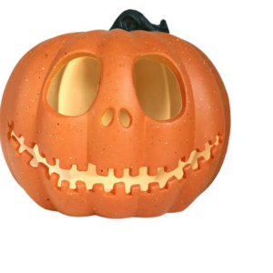 Bright orange Jack‑o‑Lantern with large oval eyes, a triangular nose, and a wide jagged smile.